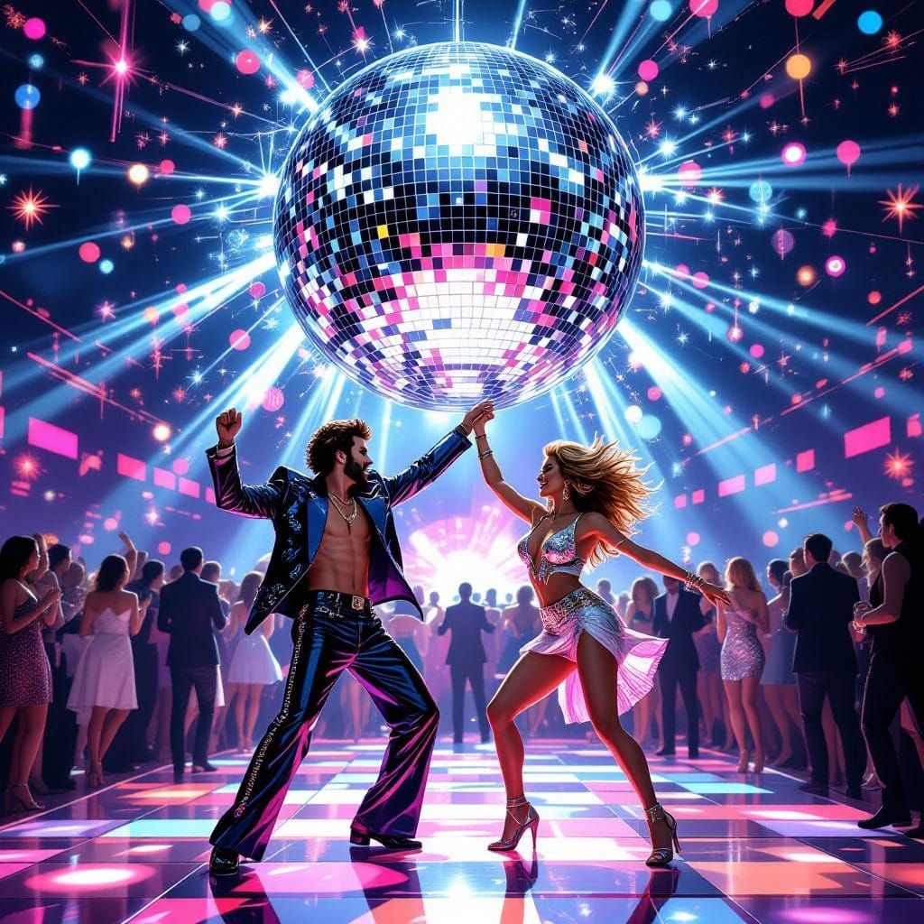 Couple Dancing Under Disco Ball in Vibrant Digital Art