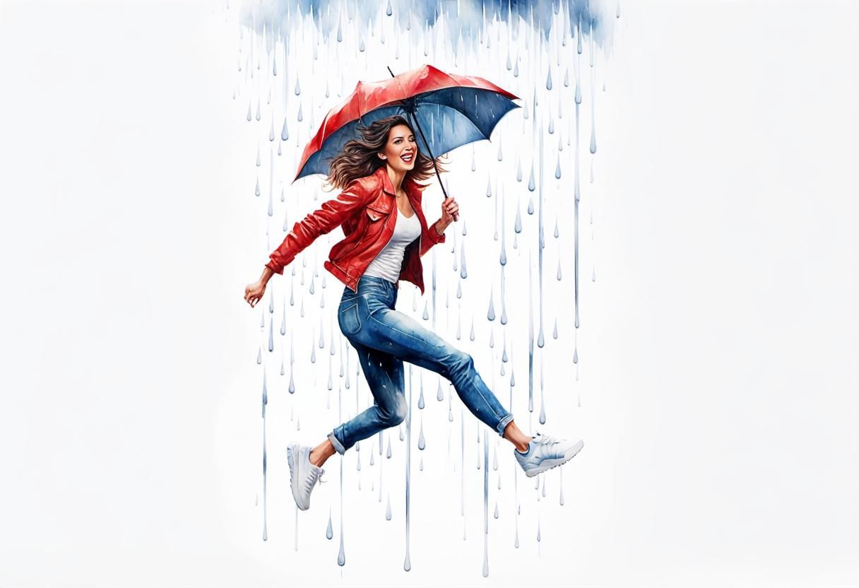 Italian Woman Jumps Puddle: Watercolor Illustration
