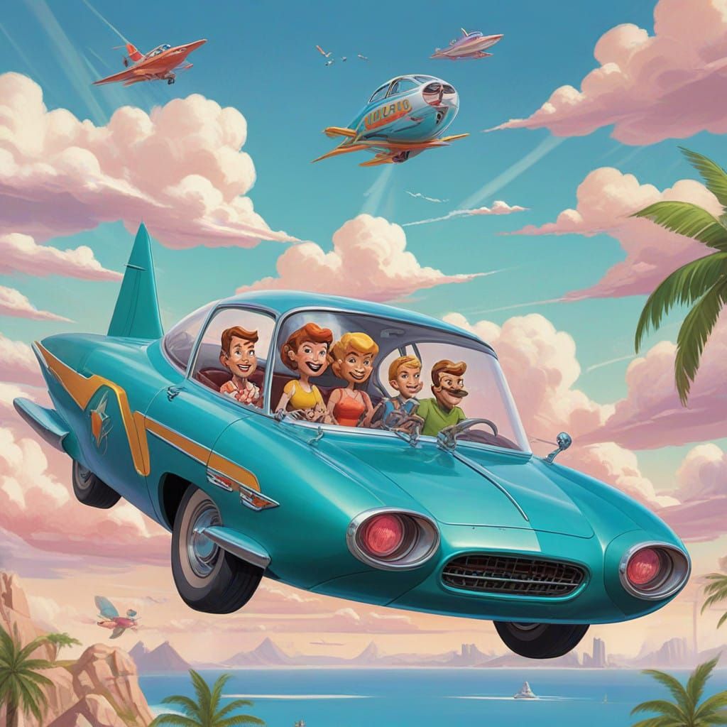 Happy Family Soars Through the Sky in Retro-Futuristic Flyin...