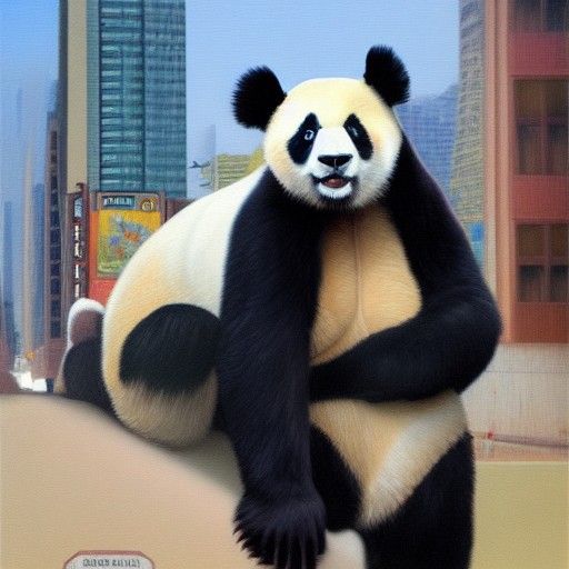 Panda Bear's Hectic Commute: An Oil Painting