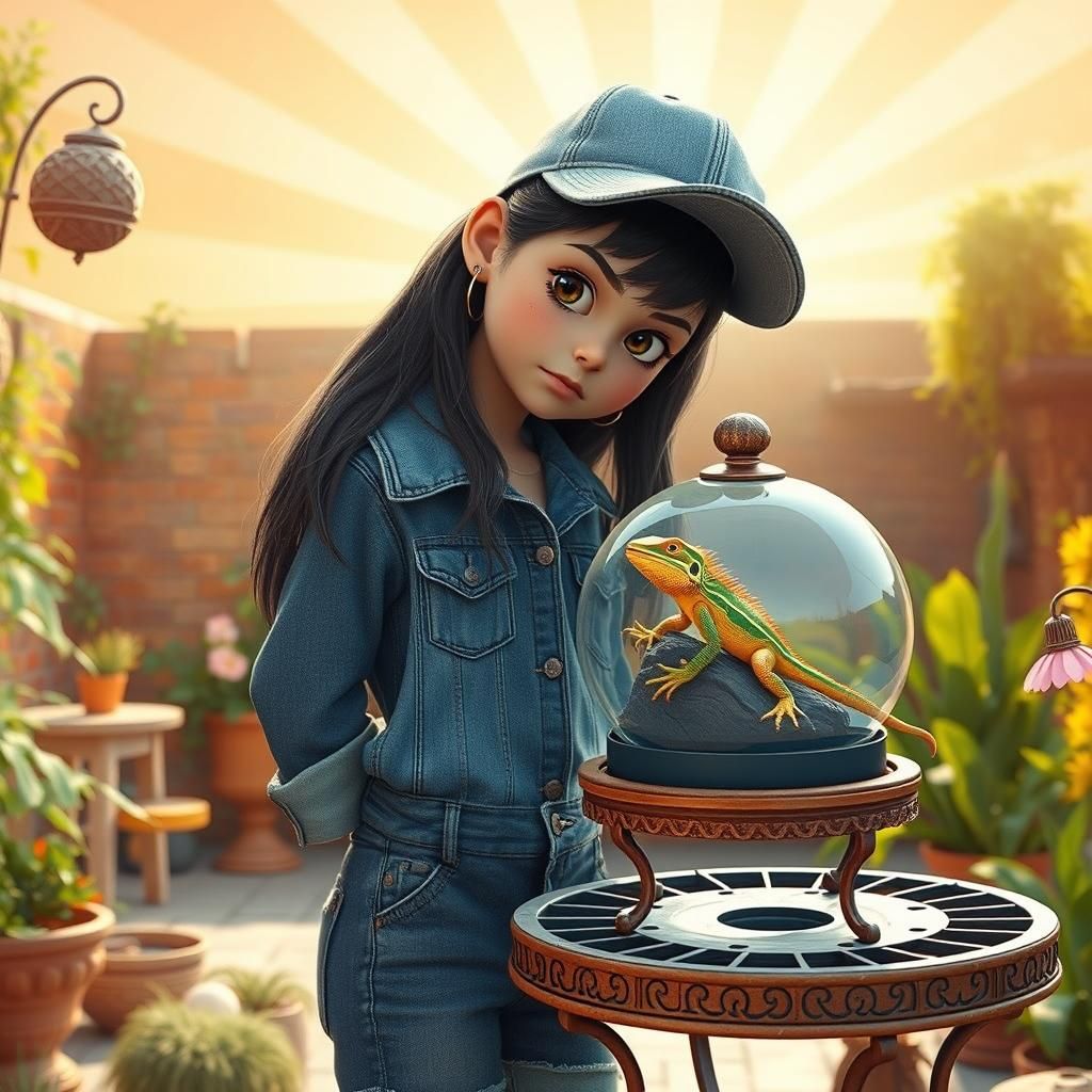 Girl Observes Lizard: Digital Art in Pixar Style