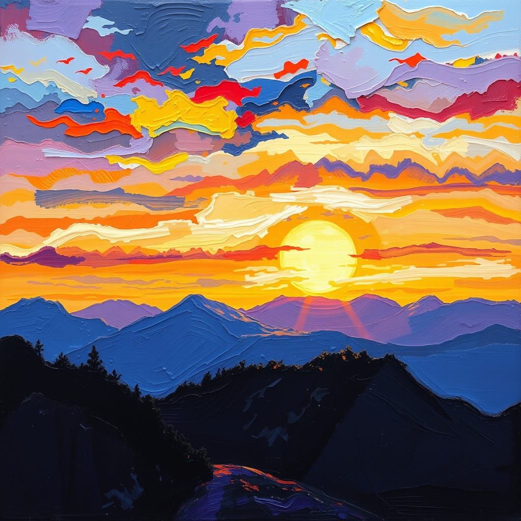 Vibrant Sunset Mountain Scene in Neo-Impressionist Style