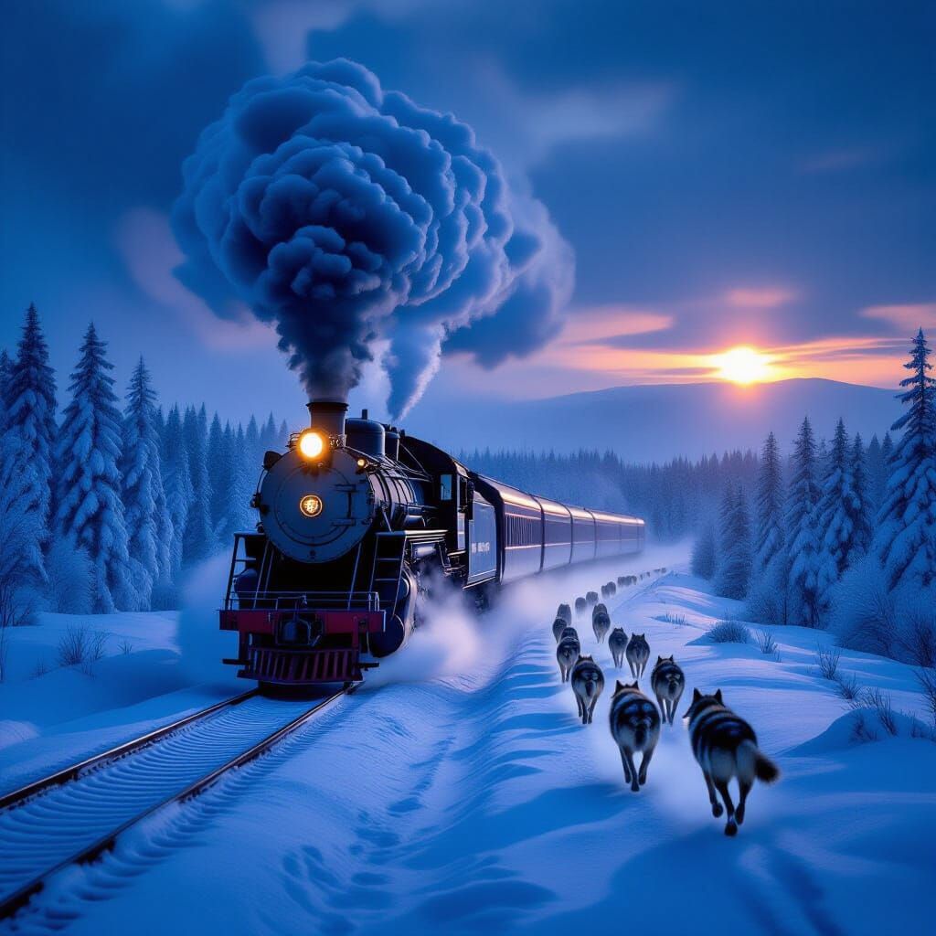 Siberian Steam Train and Wolves in Winter Landscape