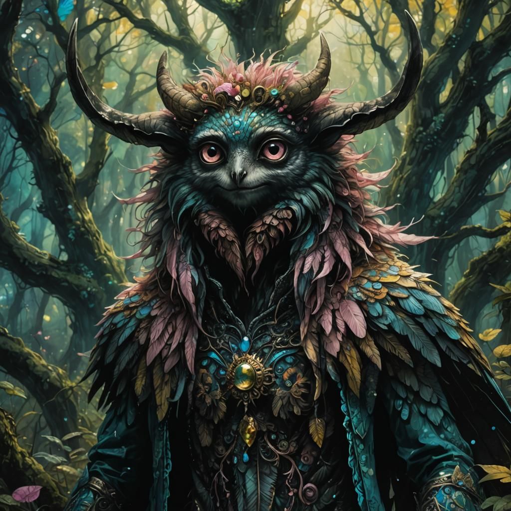 Psychedelic Watercolor: Tiny Pink Creature in Fantasy Forest