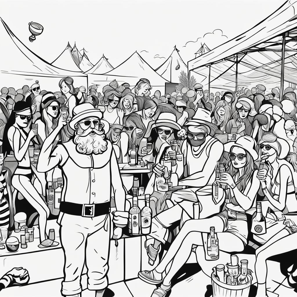 Santa Claus at Glastonbury: Black and White Line Art