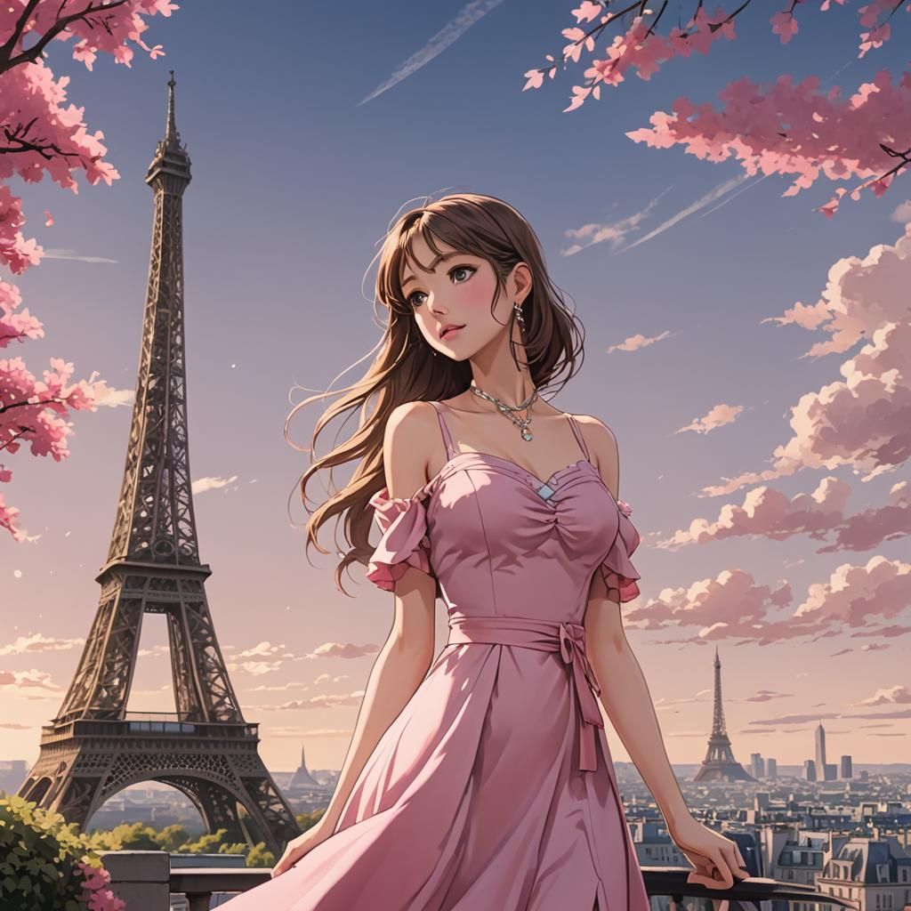 Girl in Pink Dress Gazing at Eiffel Tower in Anime Style