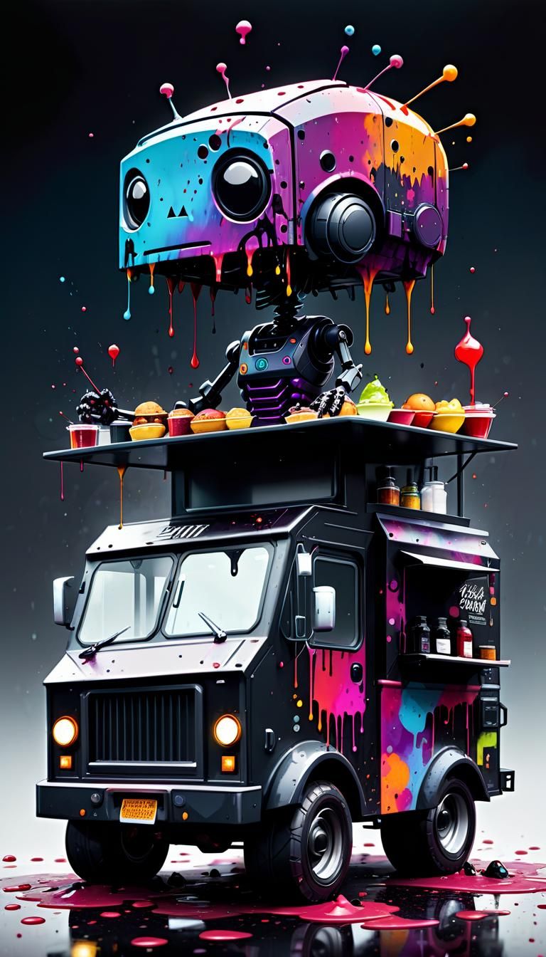Chibi Robotic Food Truck with Ink Splatters
