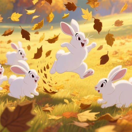 Fluffy Rabbits Scattering Autumn Leaves in Sunlit Meadow