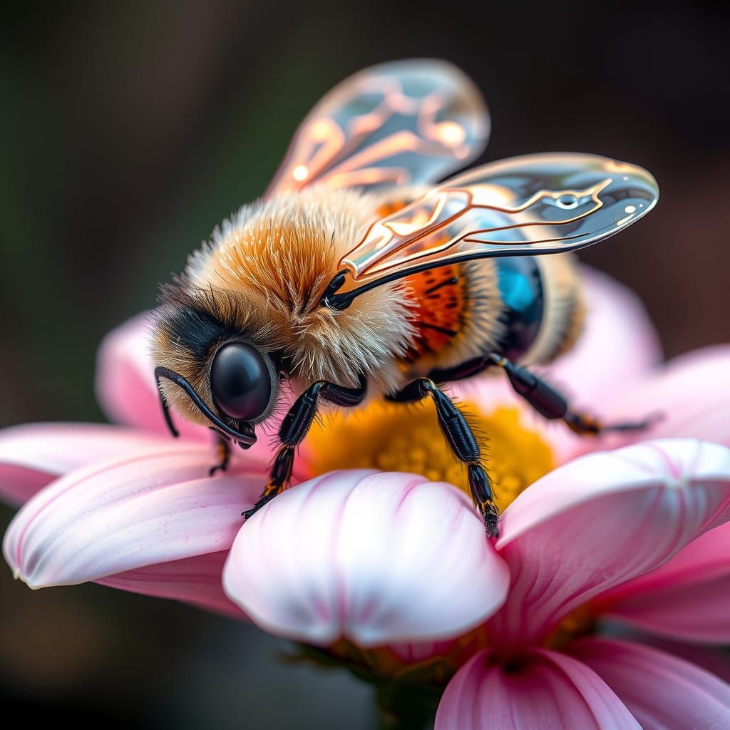 Dreamy Bubble Bee on Flower in Macro Fantasy Style