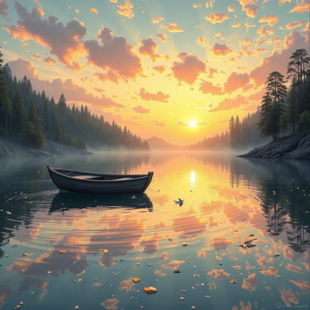 Floating Boat on Lake at Sunset, Dreamy Landscape