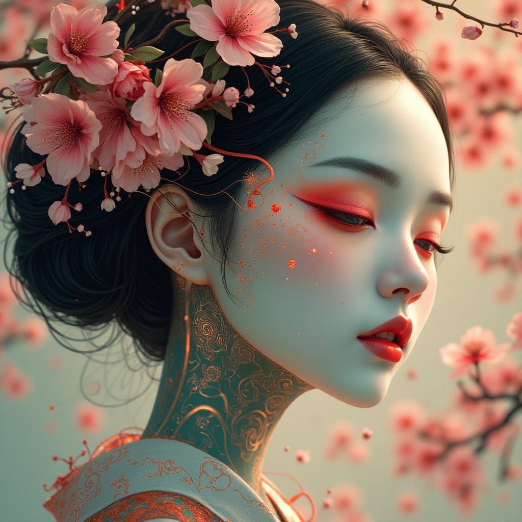 Cyborg Geisha in Elegant Art Nouveau Style