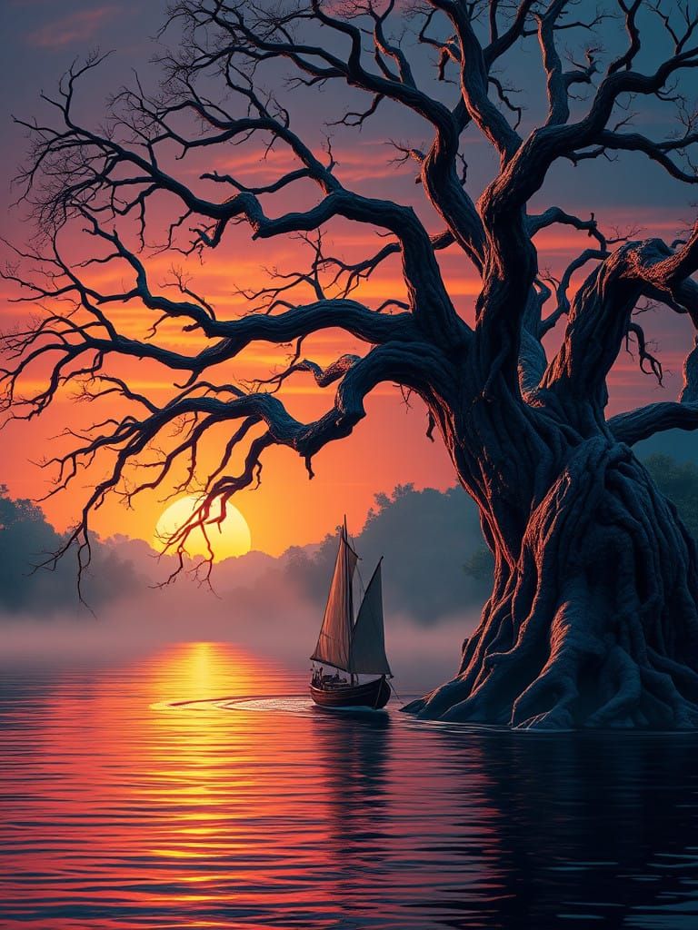 Surreal Sunset Majestic Tree with a Wooden Sailboat
