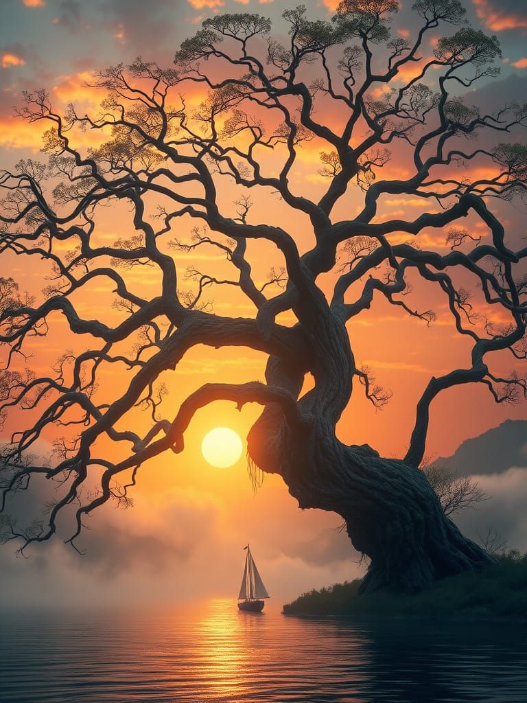 Surreal Sunset Scene with Gnarled Tree and Gliding Boat in H...