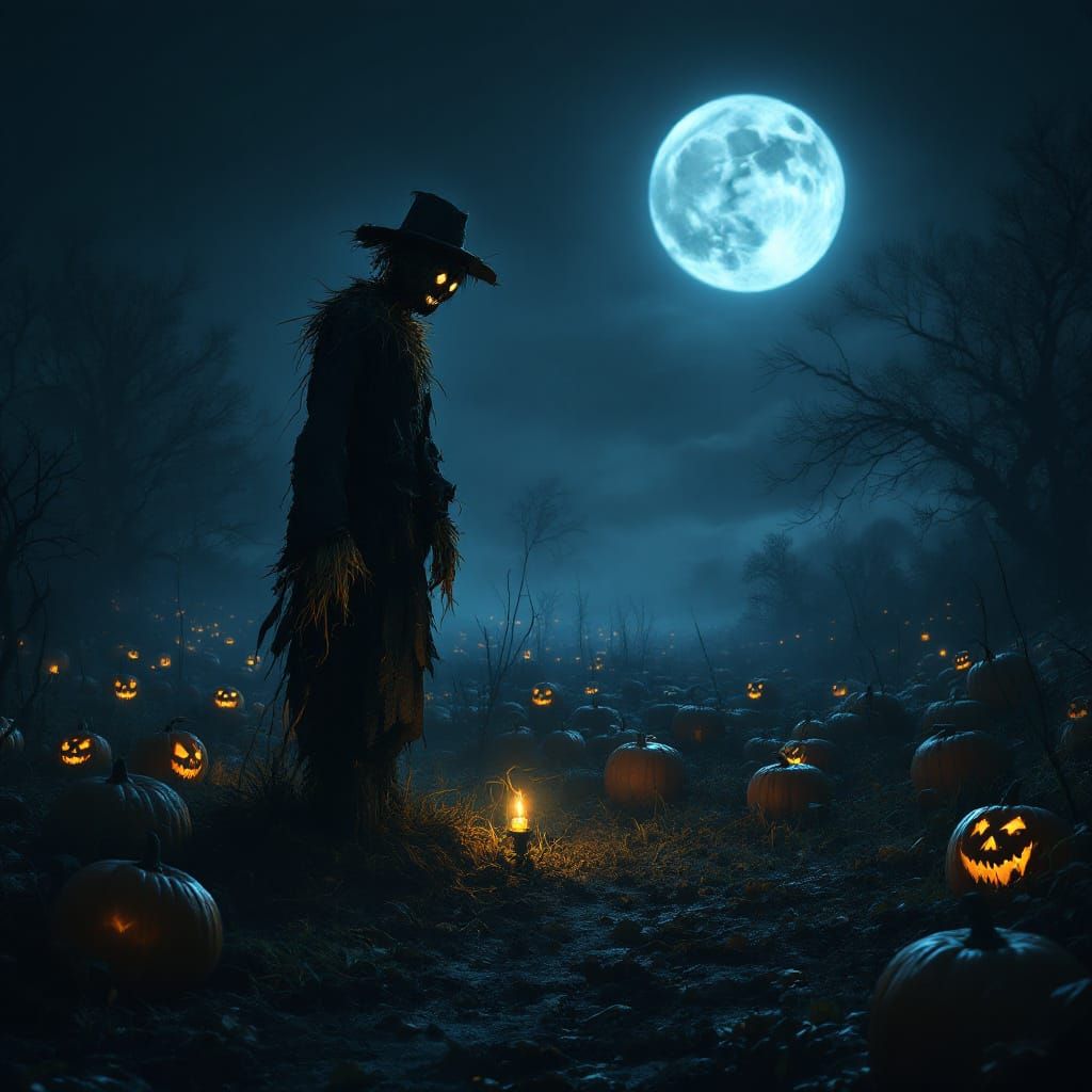 Eerie Scarecrow in Moonlit Pumpkin Field