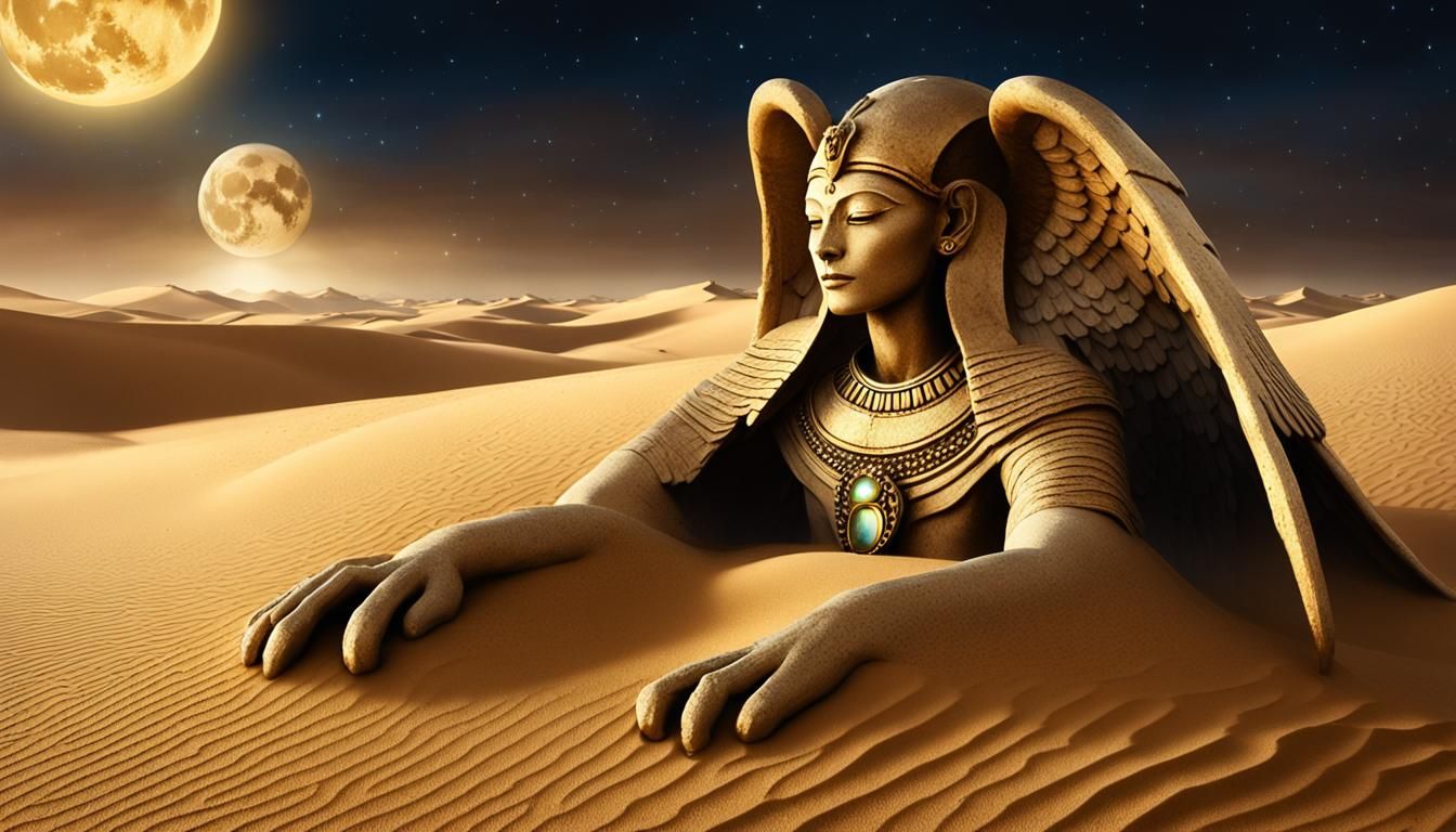 Mystical Golden Sphinx Emerges in Moonlit Desert