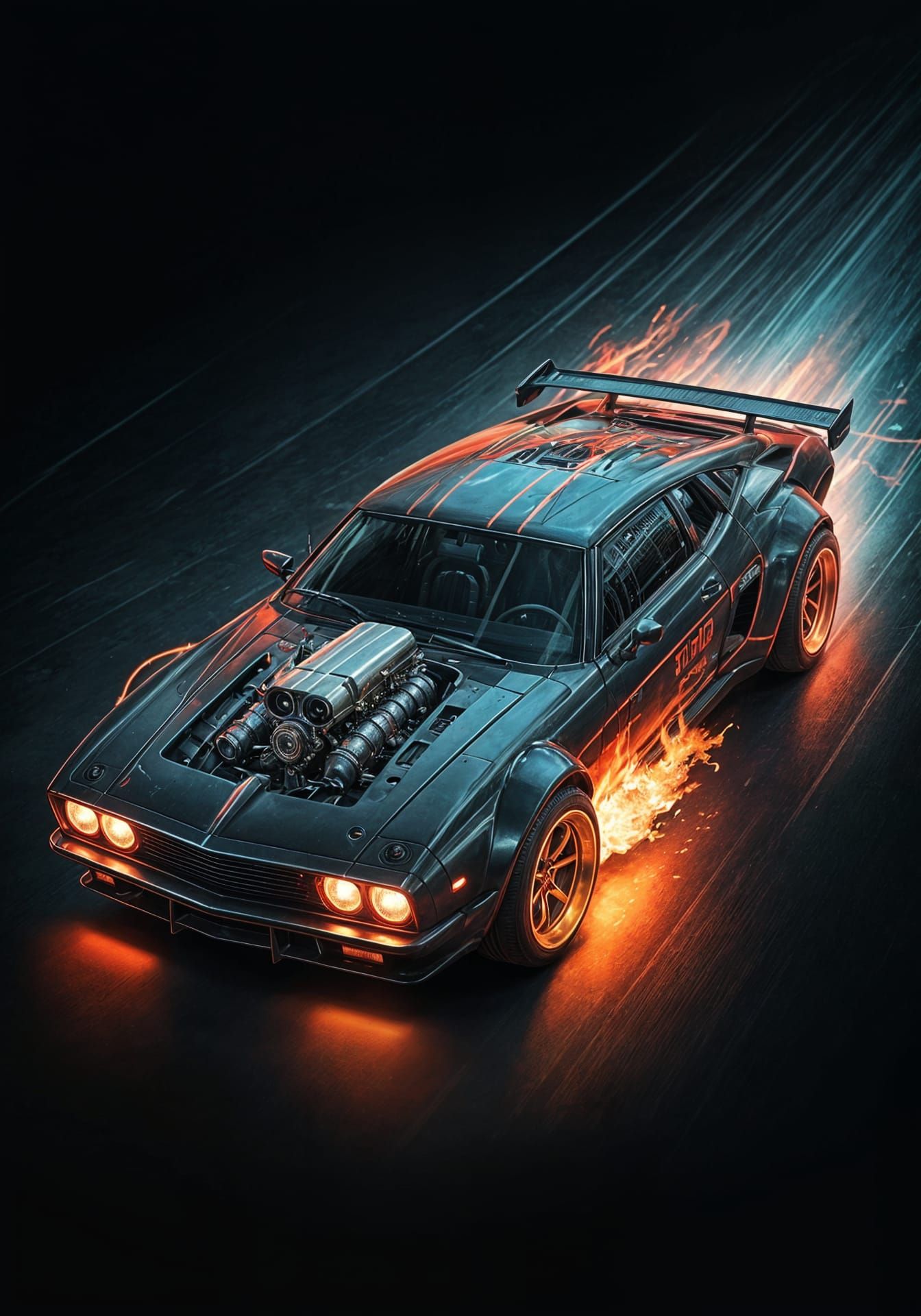 Cyberpunk Car with Flaming Turbos in Neon City