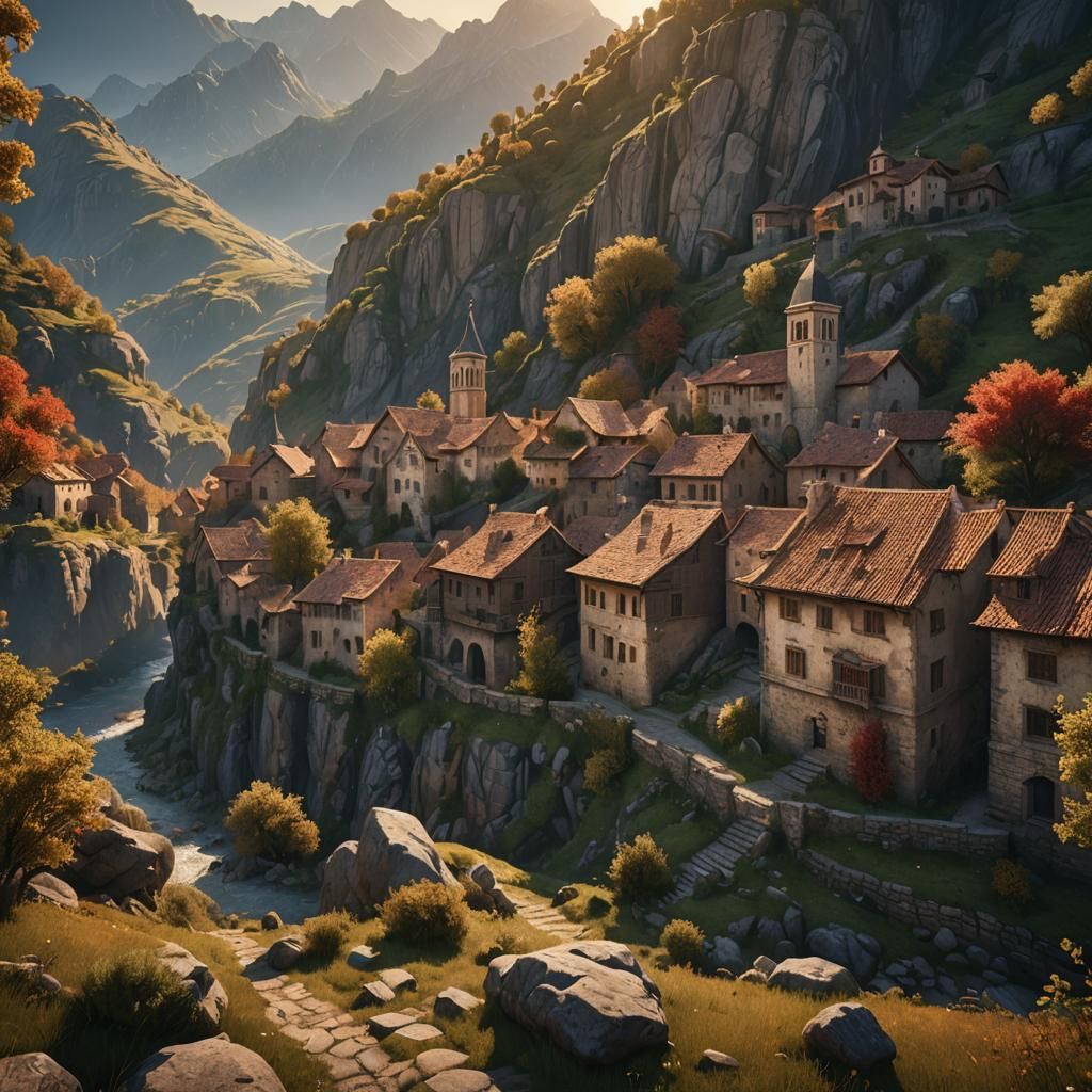 Mannerist Mountain Village in Golden Light, HDR