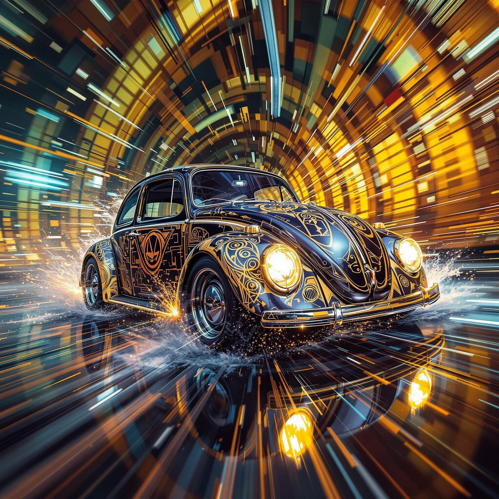 Semi-Gilded VW Beetle Speeding Through Liquid Light