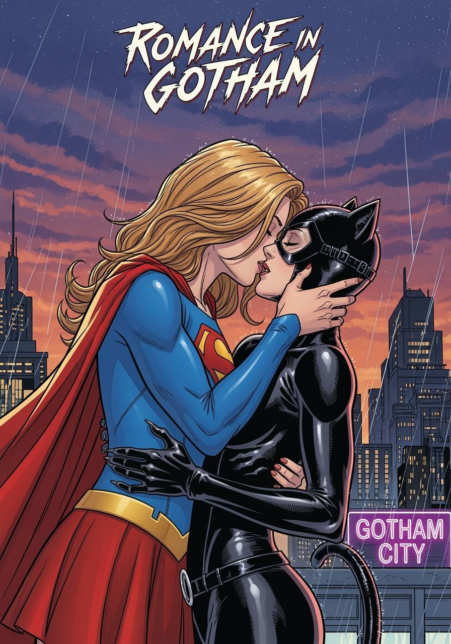 Supergirl and Catwoman Kiss in Gotham, Comic Book Art