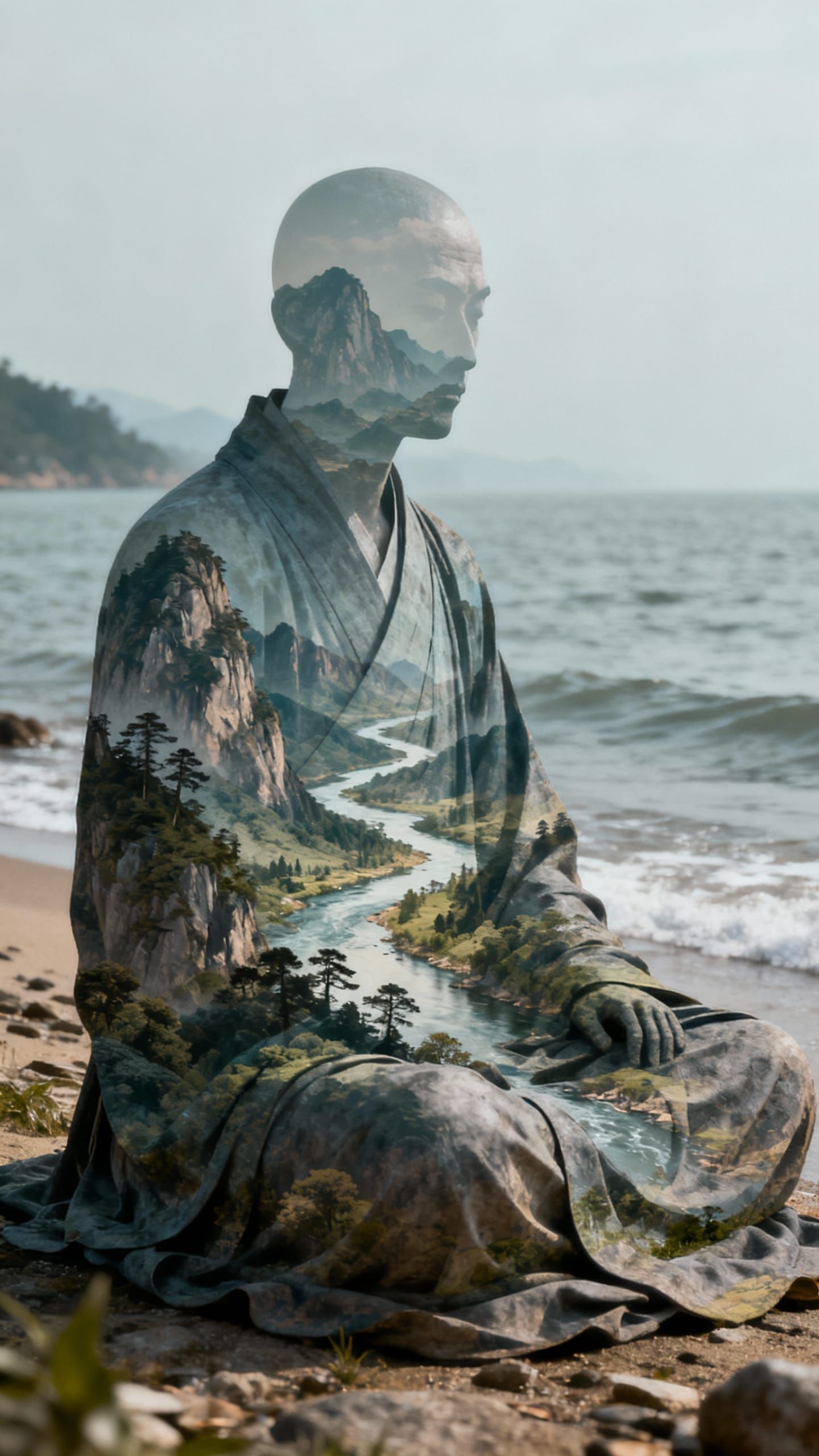 Surreal Landscape Monk Sitting by Shore, Hyperrealistic CGI