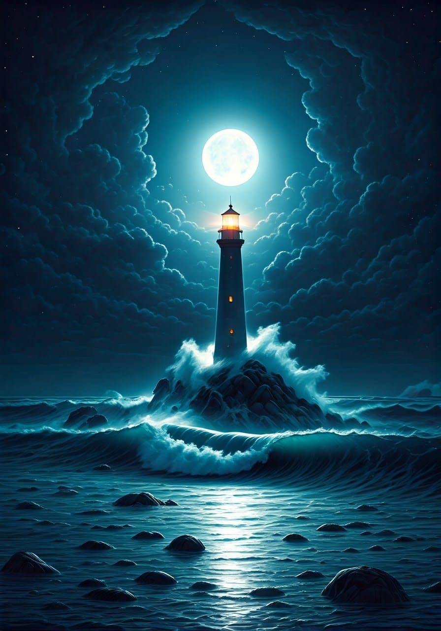 Lighthouse in Stormy Seas: Rembrandt-Style Oil Painting