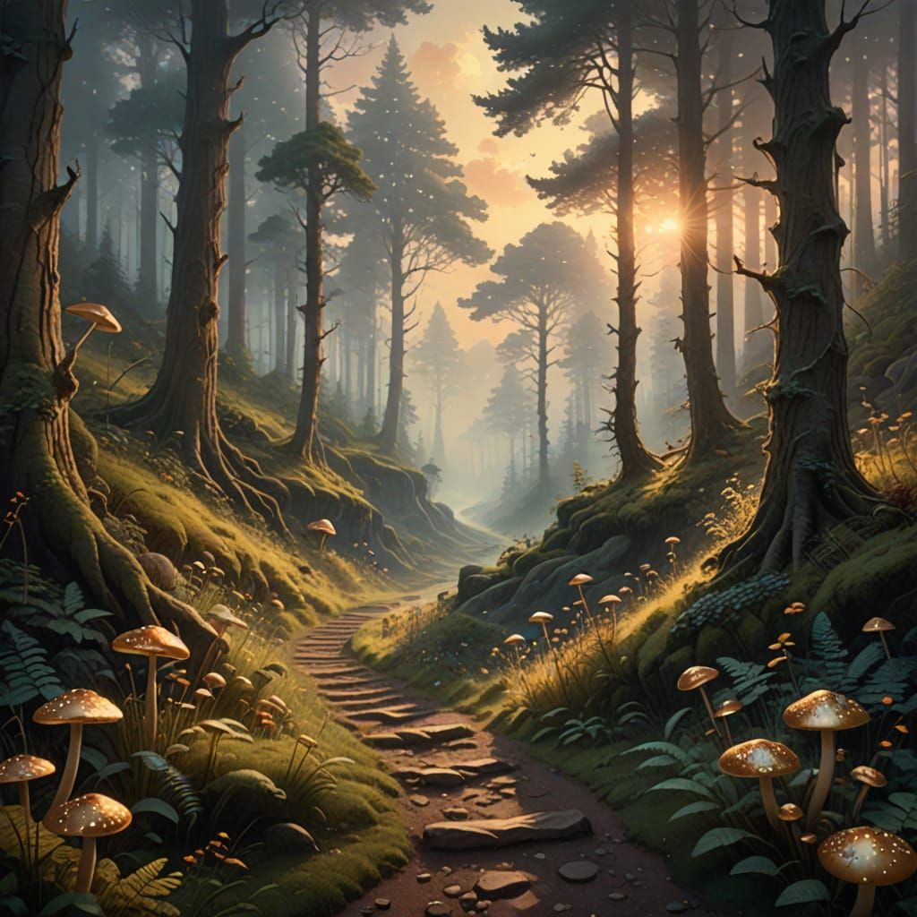 Ethereal Fantasy Landscape in Warm Golden Light