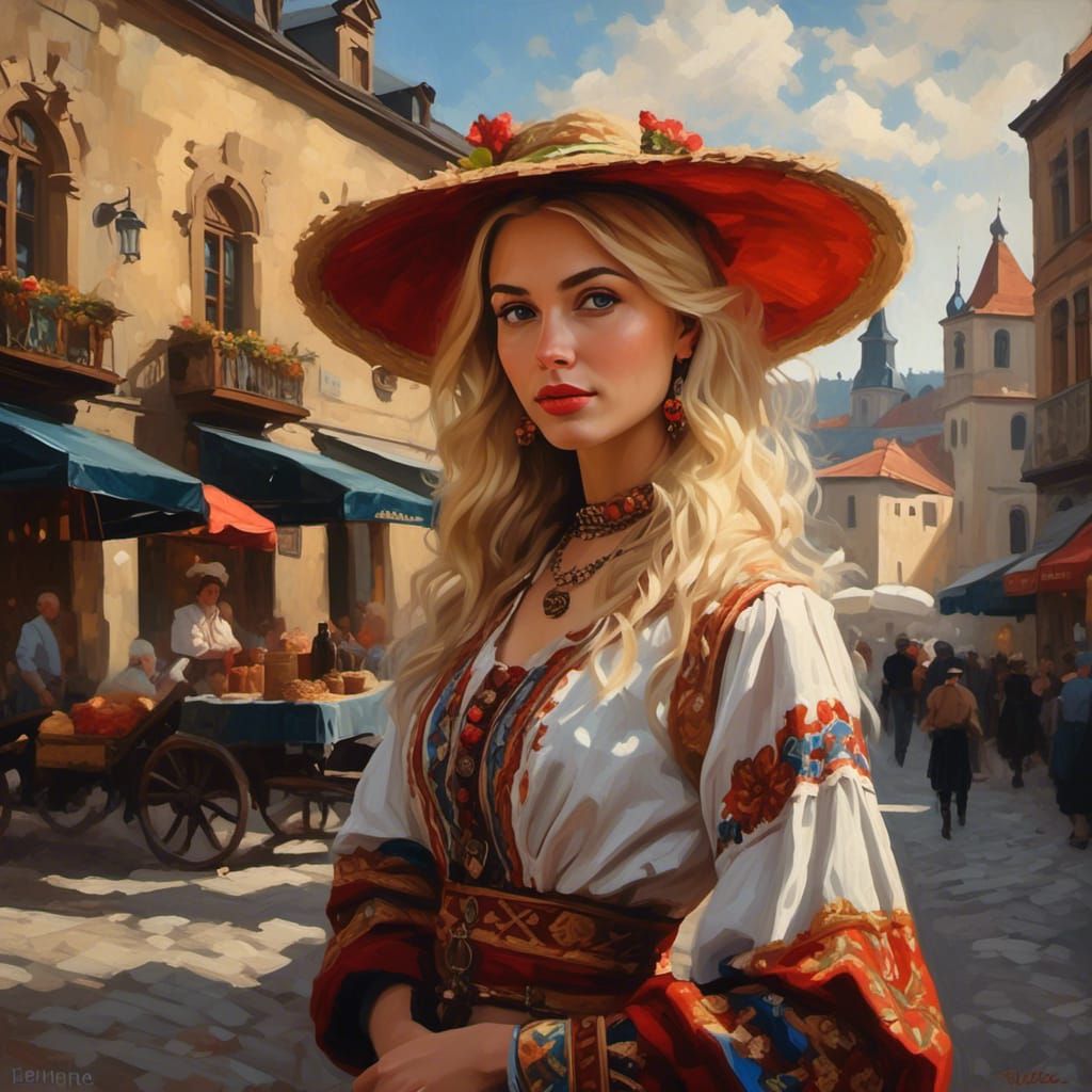 Polish Woman in Folk Costume: Neo-Impressionist Painting