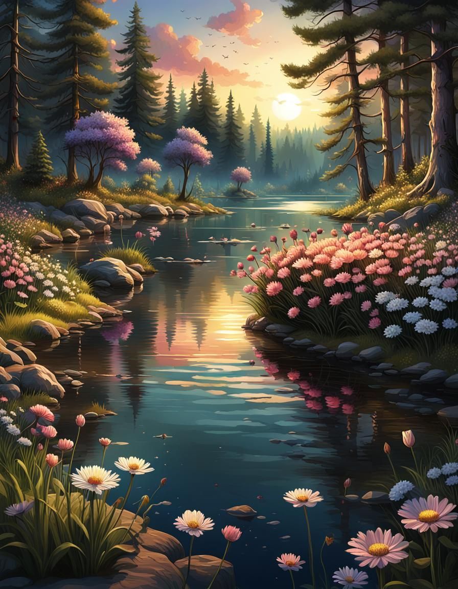 Hyperrealistic Spring Lake Sunset Splash Art