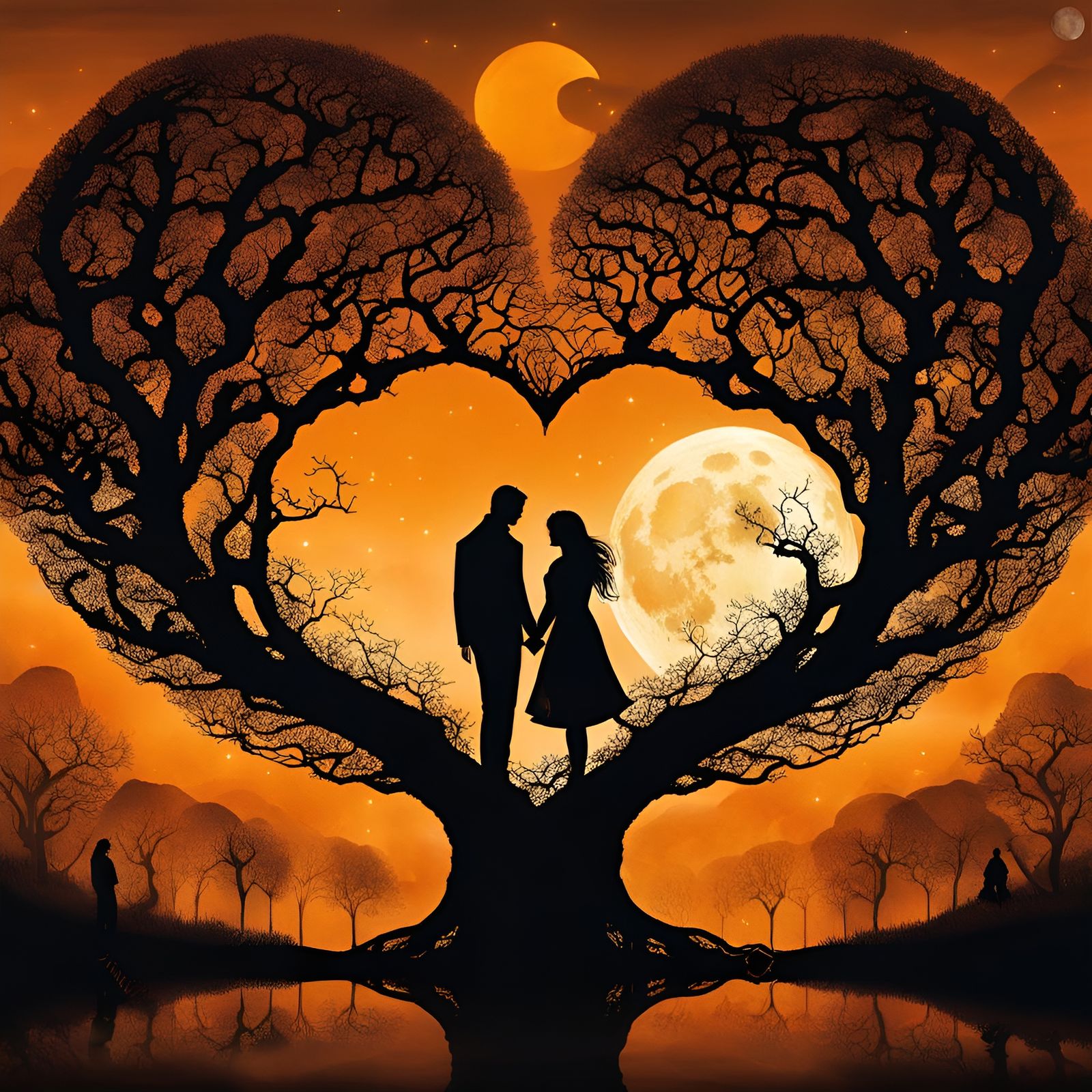 Romantic Gothic Couple Under Heart Tree, Ethereal Illustrati...