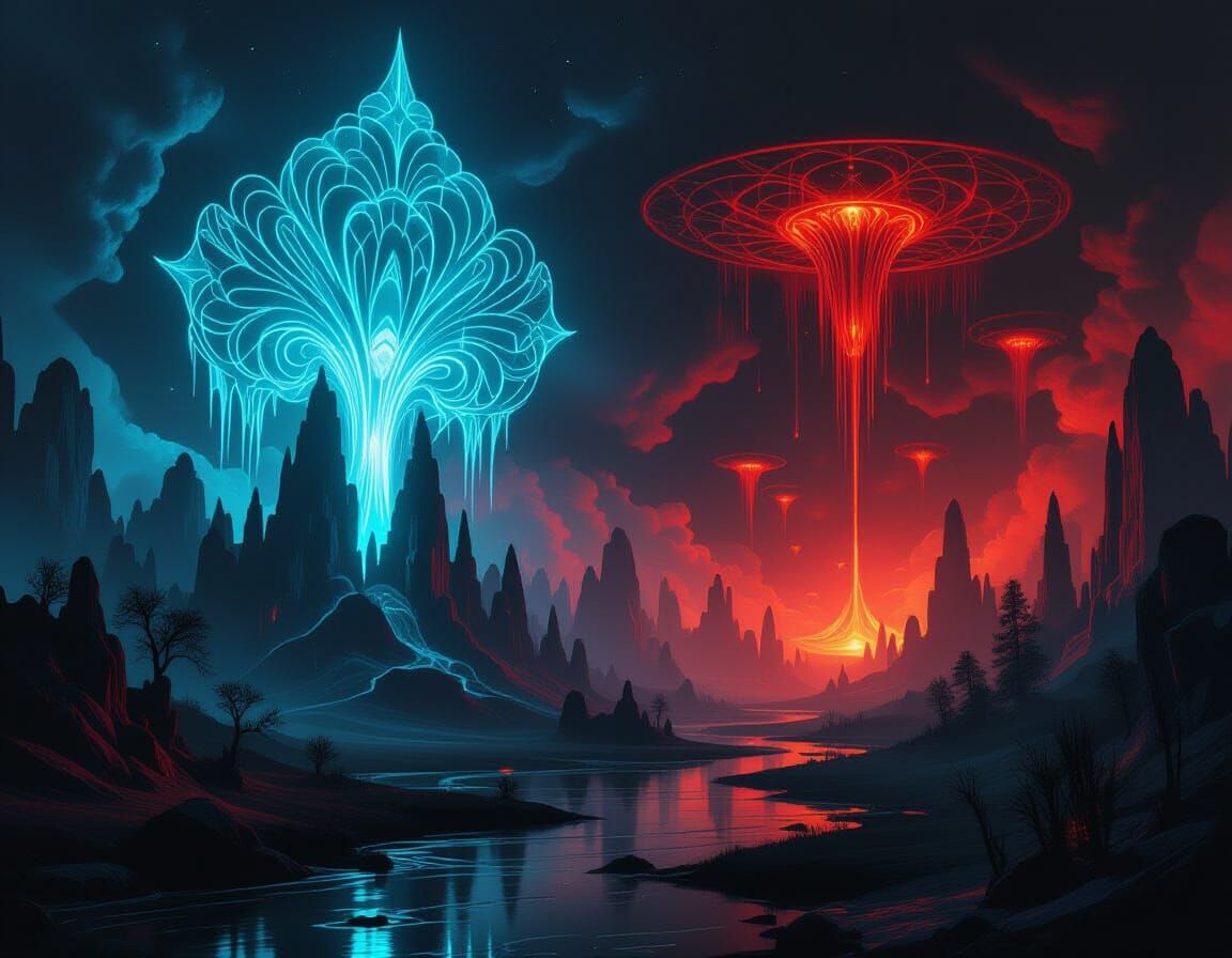 Surreal Rococo Landscape with Futuristic Glowing Forms
