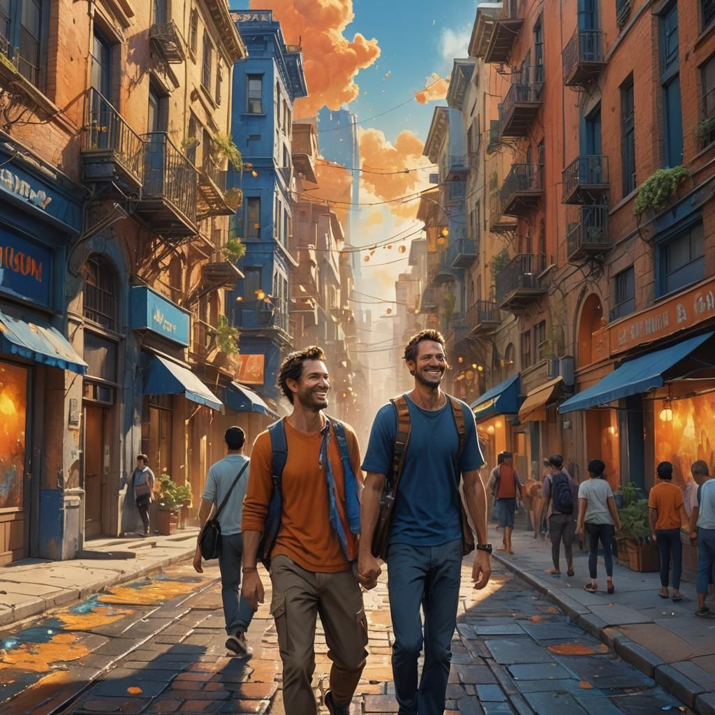 Smiling Man Walks Through Vibrant City, Splash Art