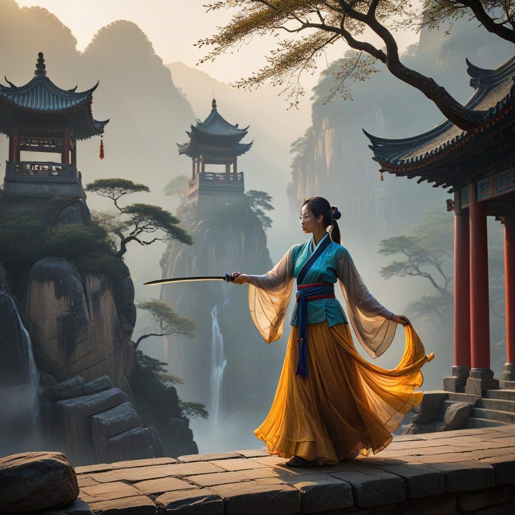 Elegant Chinese Warrior in Traditional Silk Attire, Set Agai...