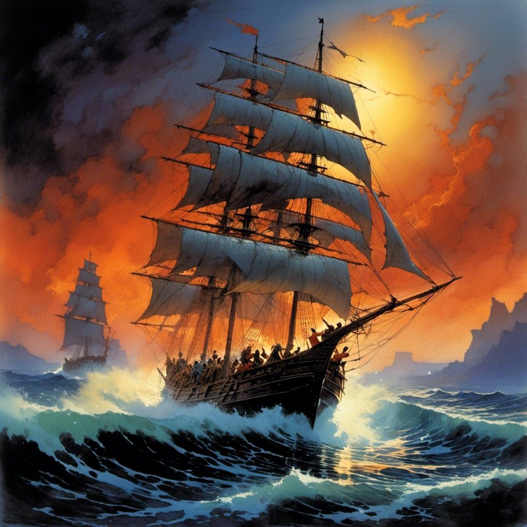 Elven Ship Sailing the Sea of Flames
