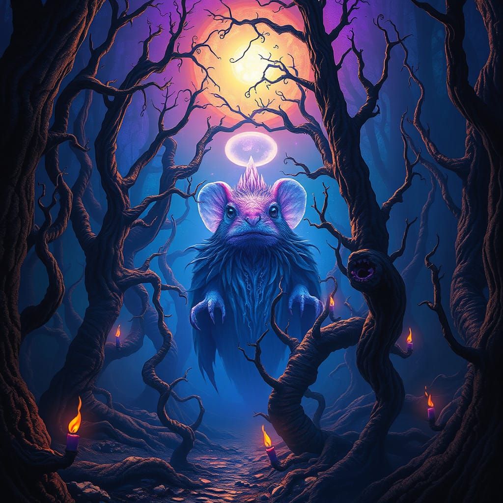 Mystical Mouse in Violet Haze, Flickering Flames, and Fantas...