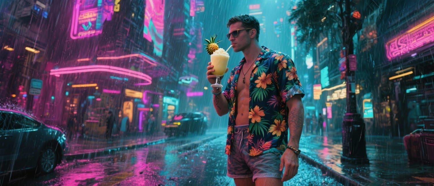 Futuristic Cityscape with Man Drinking Pina Colada