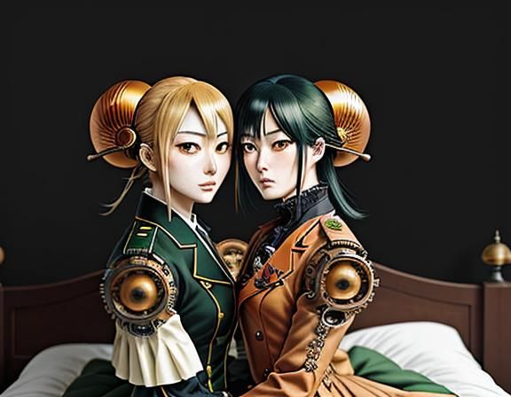 Steampunk Twin Kemono Sisters Kiss in Manga Style