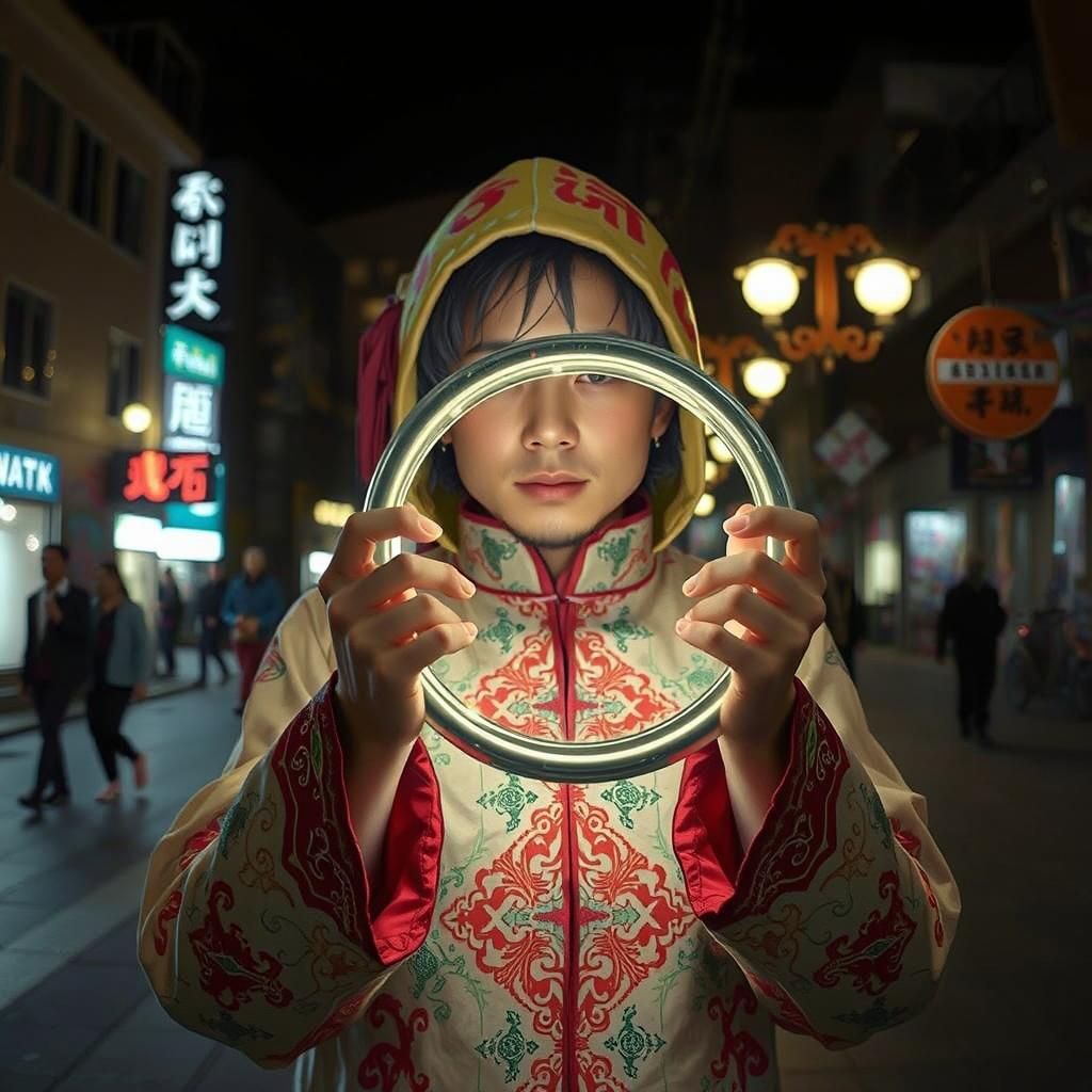 Neon Tokyo Man with Orb in Digital Painting Style