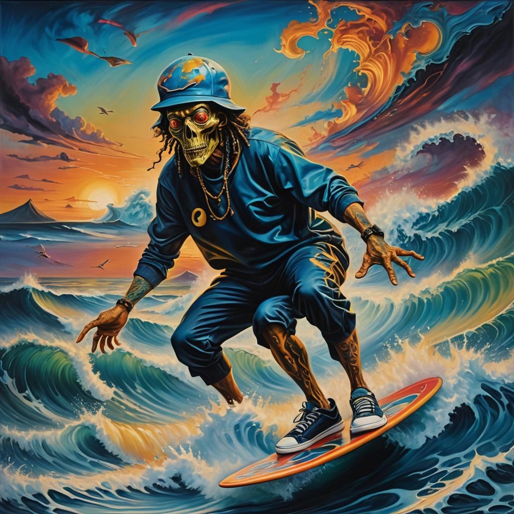 Surreal Alien Surfing a Wave as Oil Painting