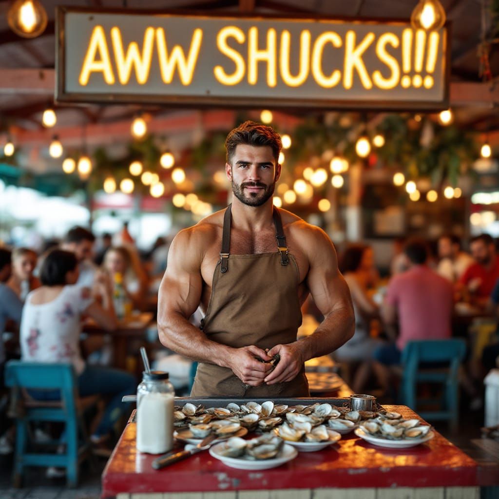 Man Shucking Oysters at Outdoor Restaurant Bar
