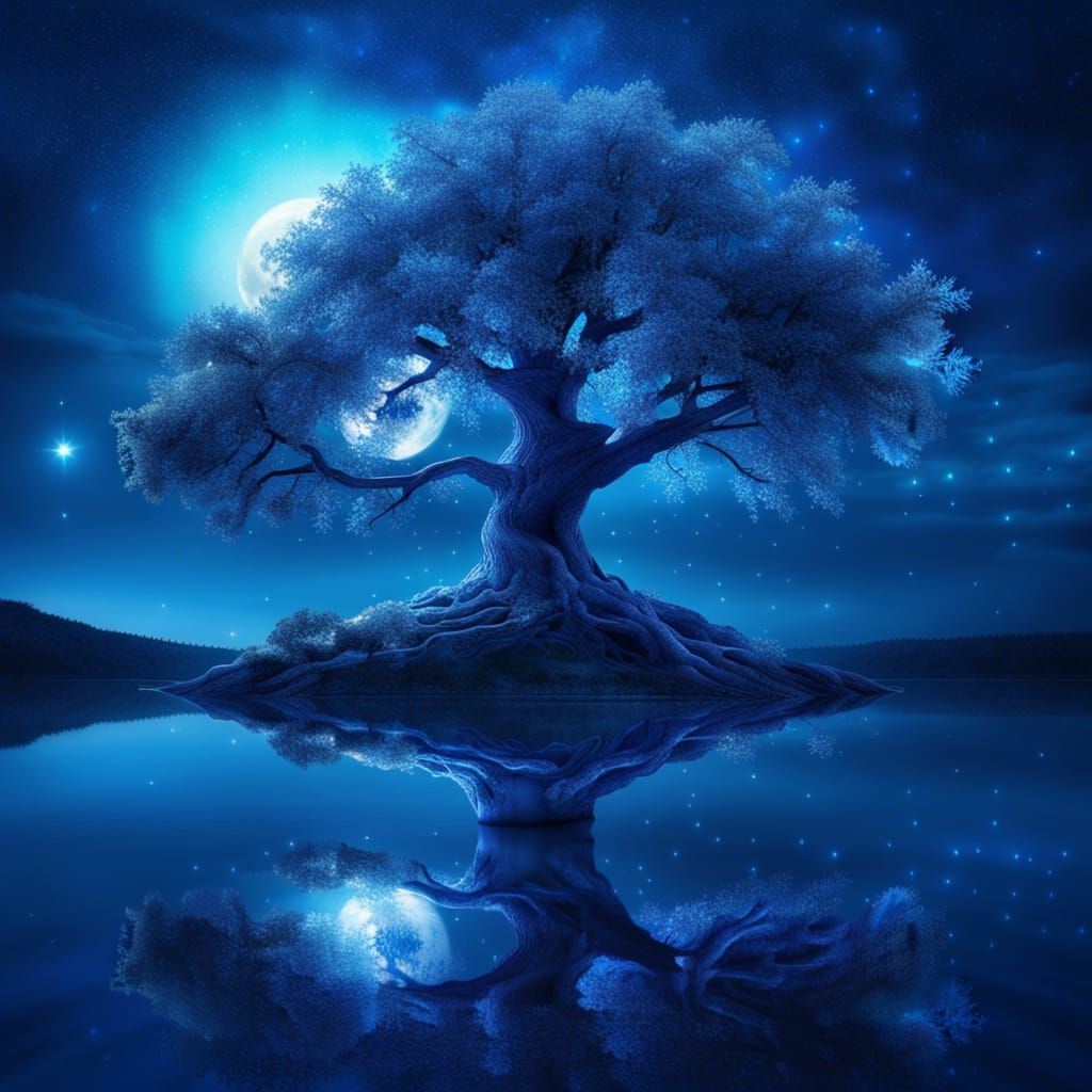Blue Crystal Tree Reflection in Fantasy Landscape