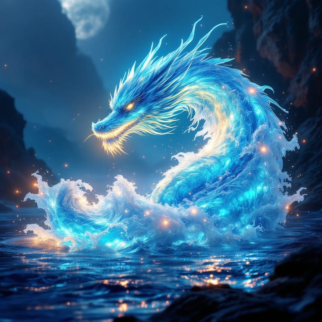 Luminous Celestial Dragon Wave in Dreamlike Seascape