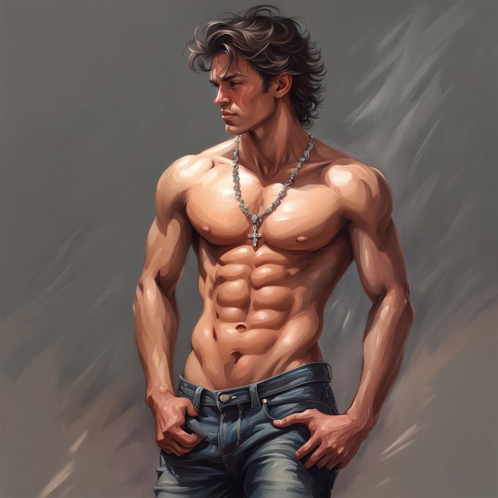 Hyperrealistic Painting of a Handsome Shirtless Young Man