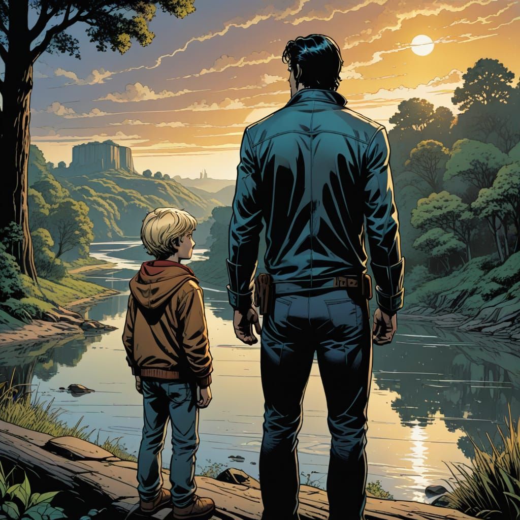 Father and Son Gazing at River in Comic Book Art