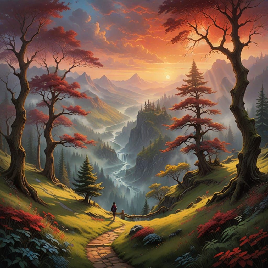 Dreamy Crimson Sunset in an Ethereal Fantasy Realm