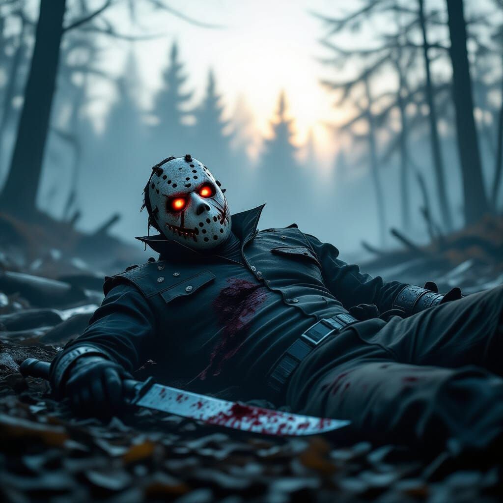 Slasher Villain's Demise in Foggy Forest Clearing