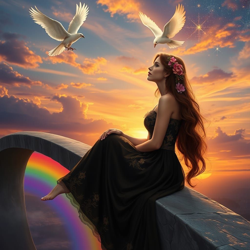 stunning portrait of a nymph sitting gracefully on a shining rainbow bridge during a dreamlike sunset. She is dressed in...
