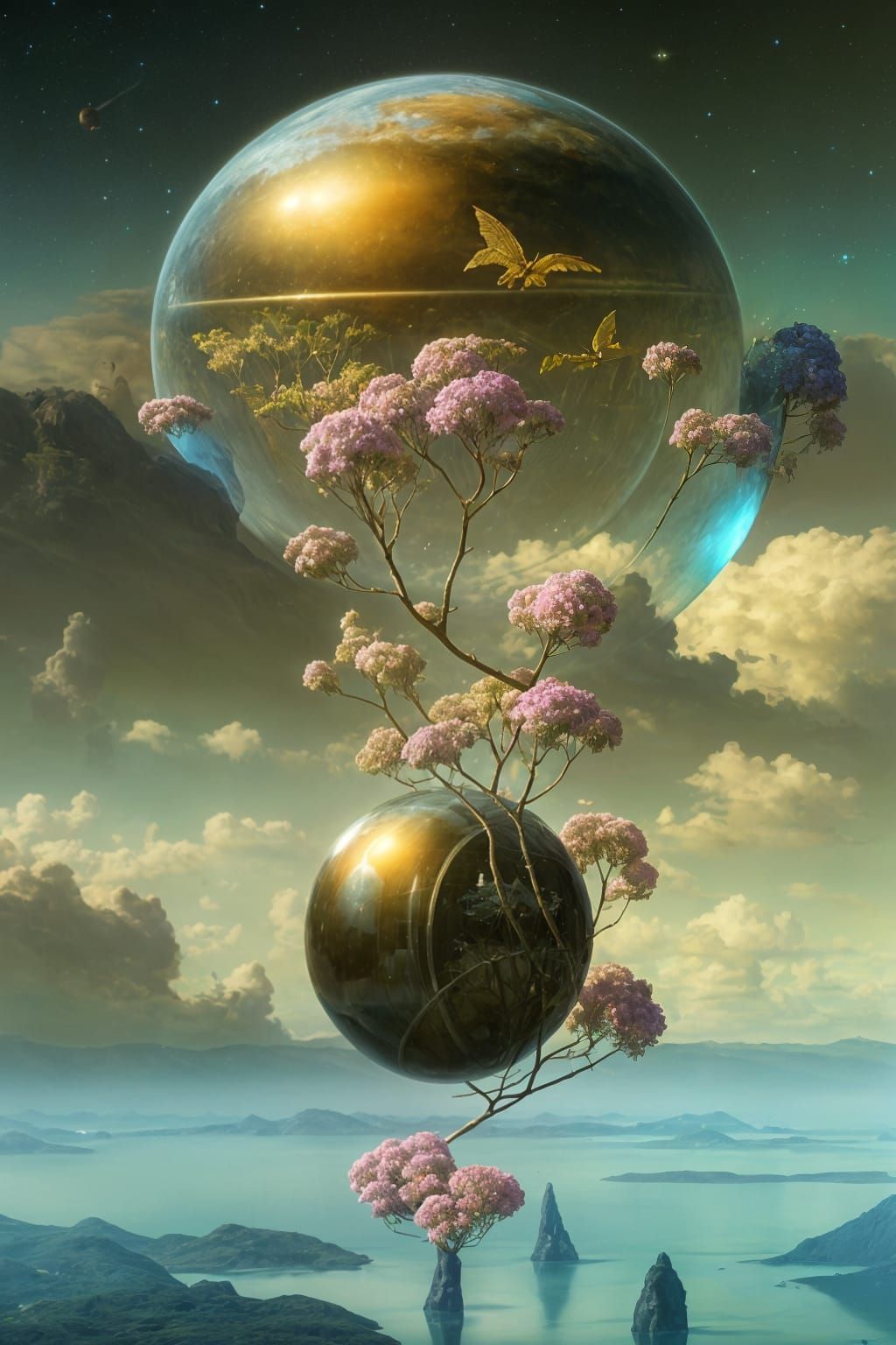 Glass Hydrangea Sphere: Alphonse Mucha Inspired Planetary Ar...