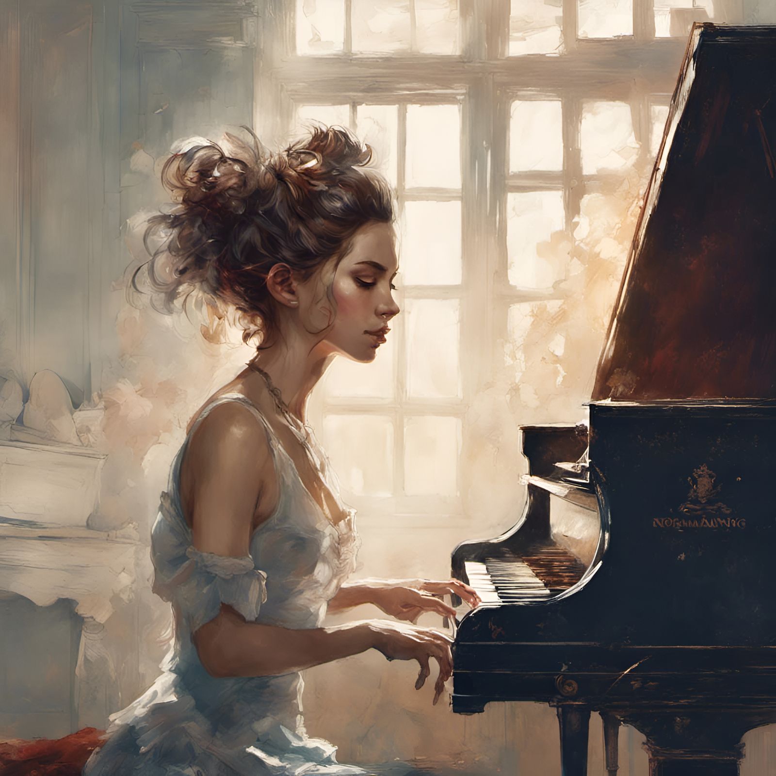Woman at Piano: Digital Illustration in Rockwell Style