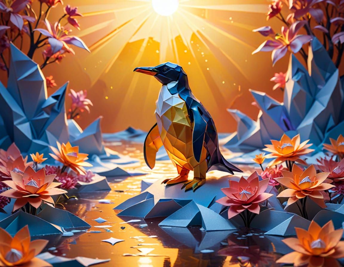Origami Penguin in Fantasy Sunrise, Thai Art Style