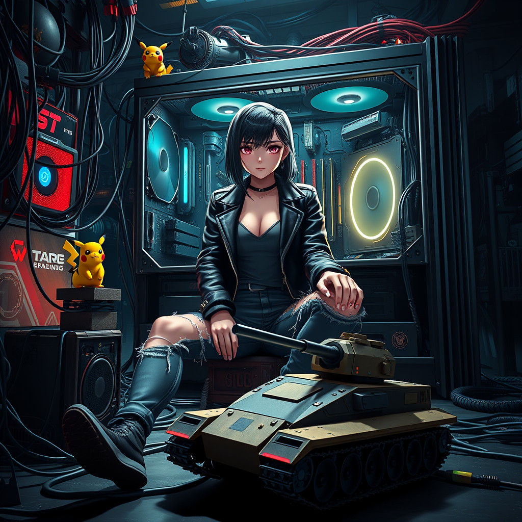c ( badass anime girl hacking the metaverse, wires, computer components, computer chip, computer, pikachu, tank, intrica...